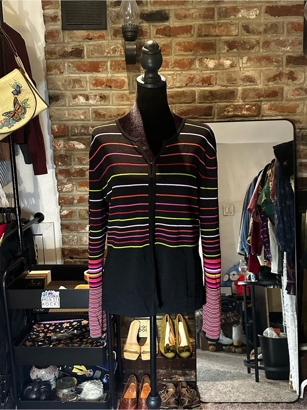Vintage 90s Yarns & Stitches Black Cardigan w/ Multicolor Stripes in Size Medium